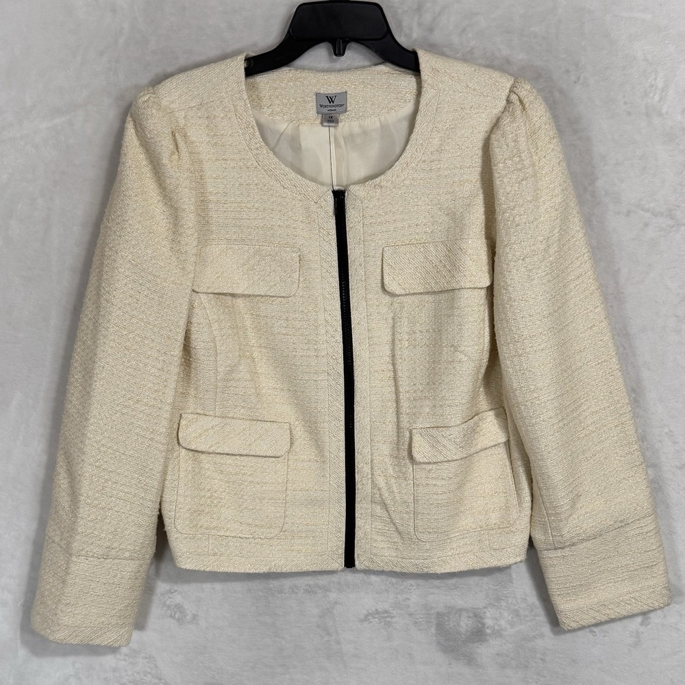 NEW Worthington Boucle Tweed Blazer Jacket Plus Size 1X Boxy Ivory Gold Full Zip
